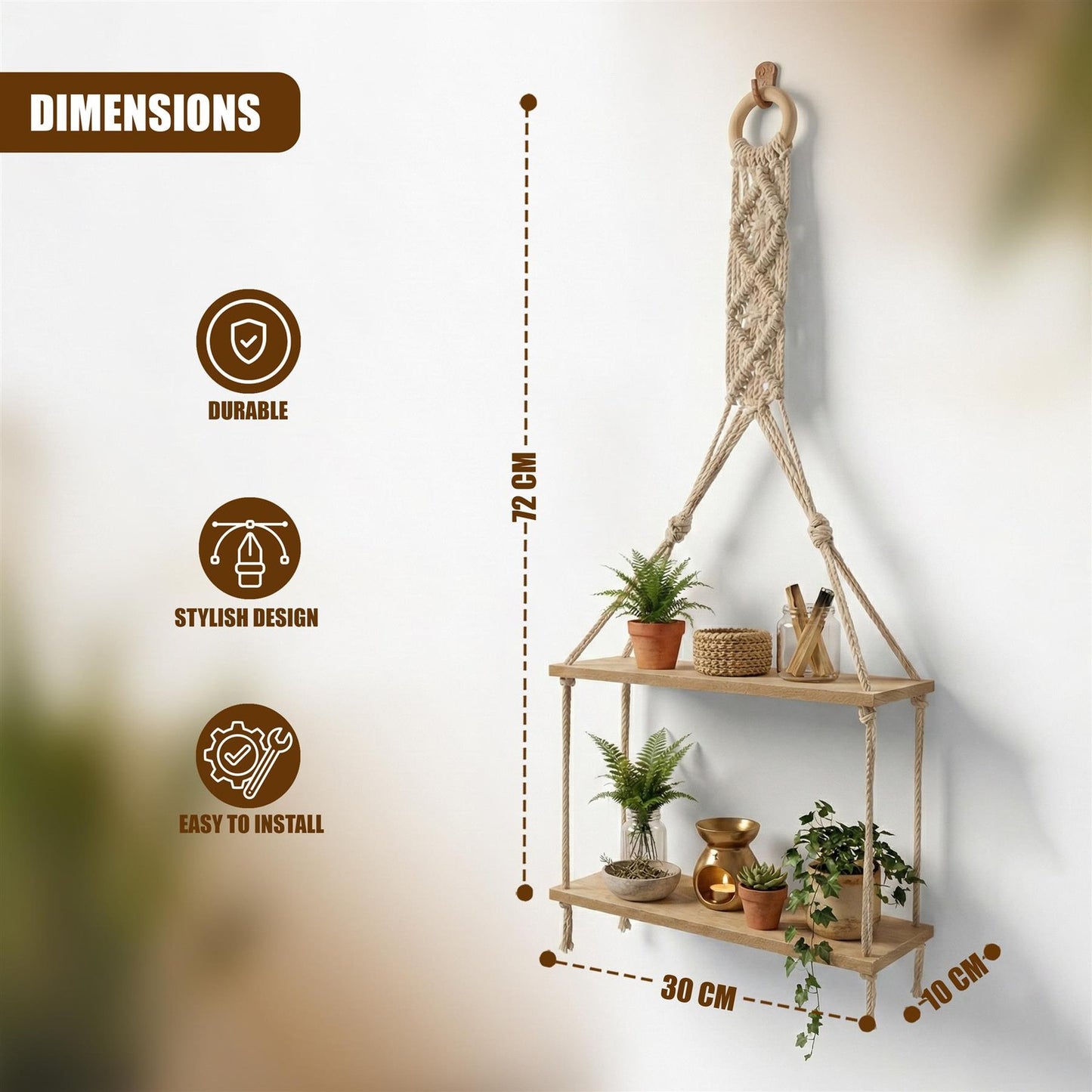 2 Tier Rope Hanging Shelf Wooden Boho Bedroom Decor Plant Display Storage Rack