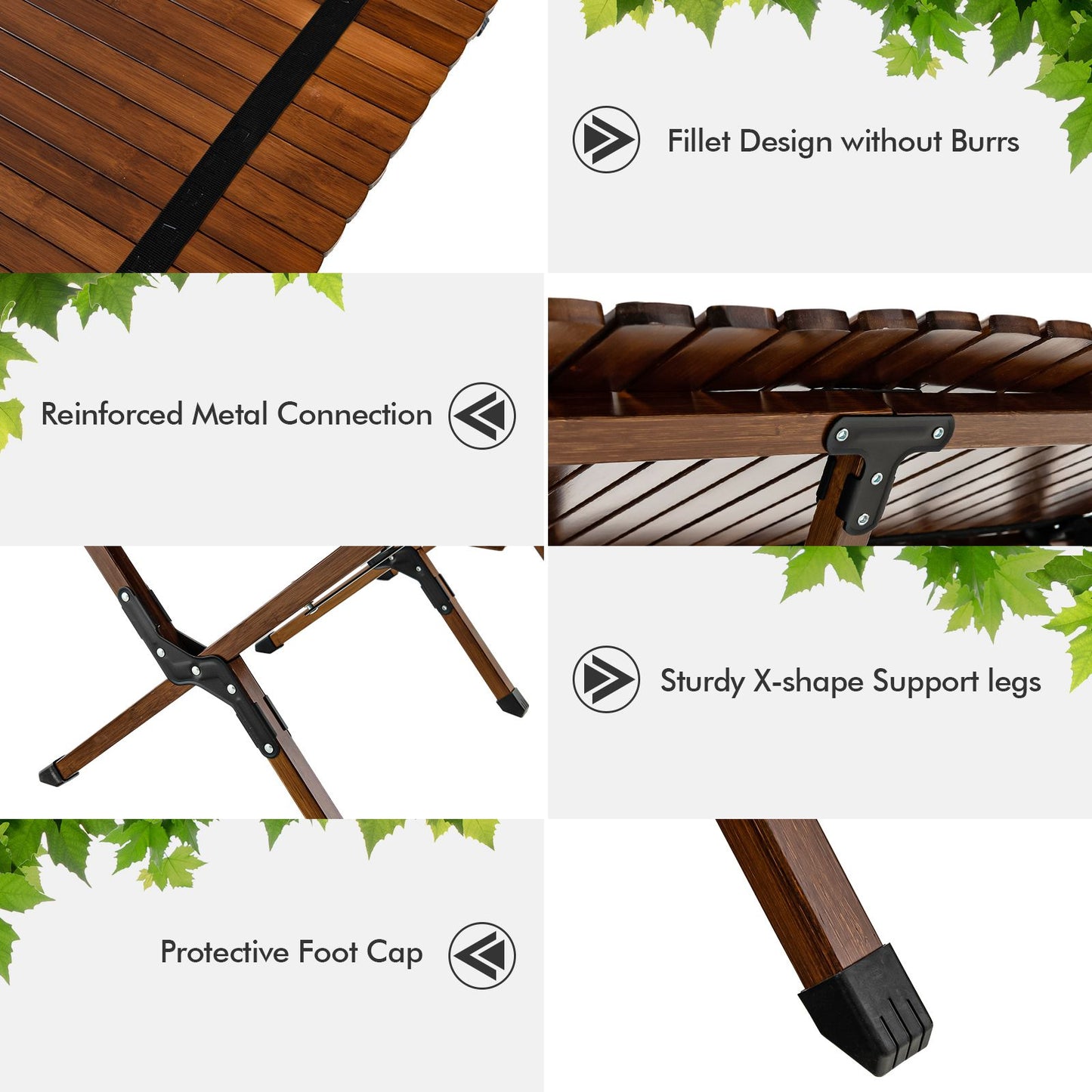 Portable bamboo folding table with X-legs, reinforced metal joints, and protective foot caps for van life camping