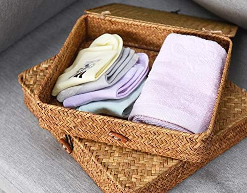 Seagrass Storage Box with Lids Rectangular Organization Wicker Shelf Baskets Natural Woven Stackable Set of 2 (Large+Small)