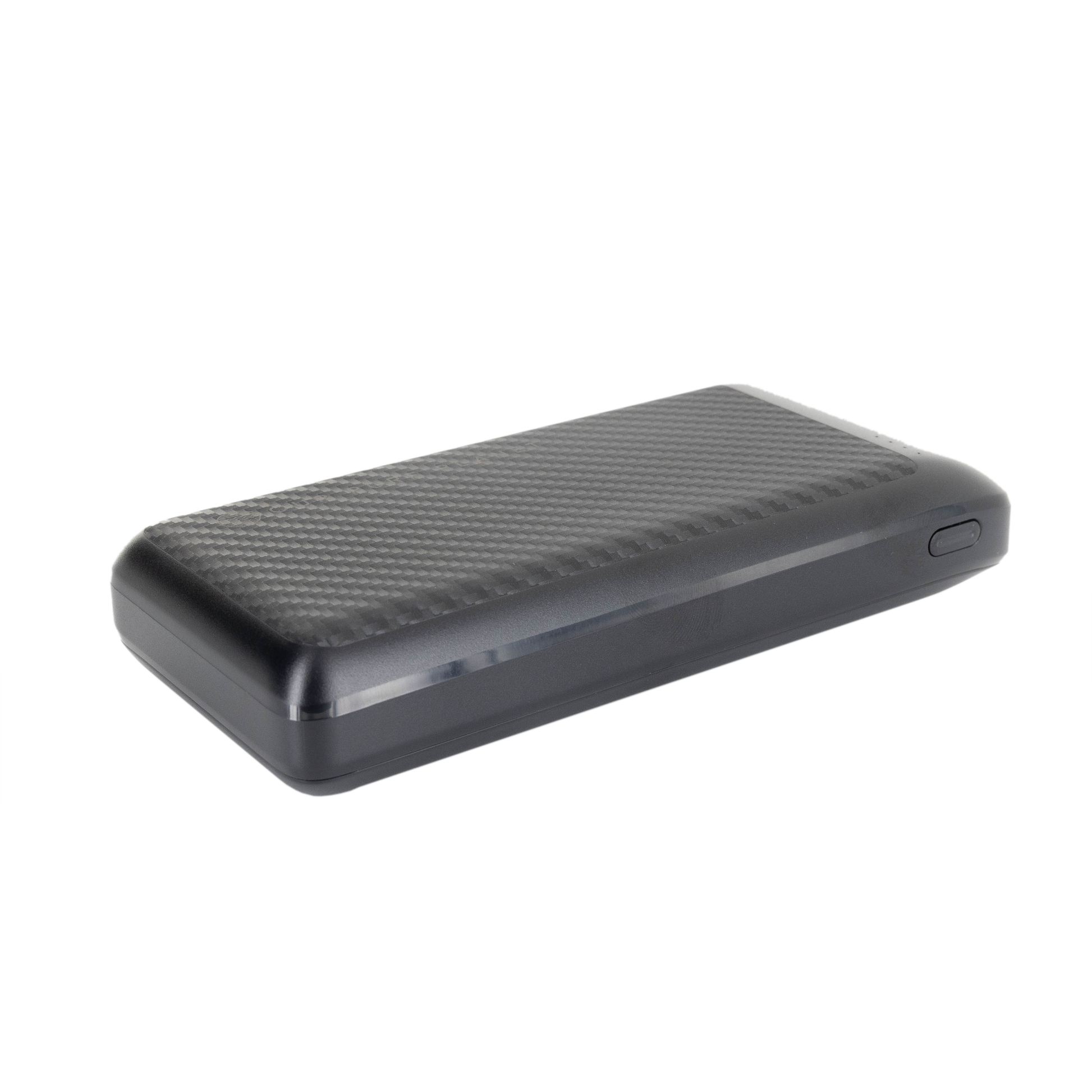 Black portable power bank with carbon fiber texture for van life and outdoor adventures