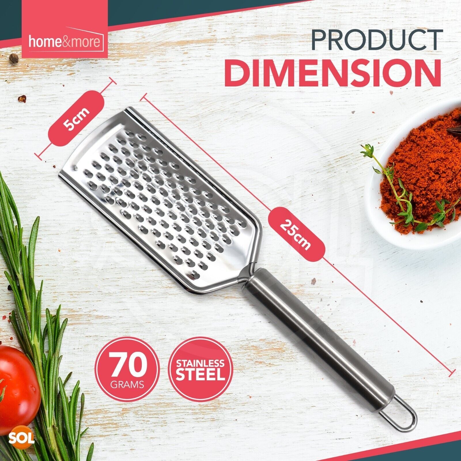 Stainless steel grater, 25cm, for van life cooking, compact kitchen tool with 70g weight