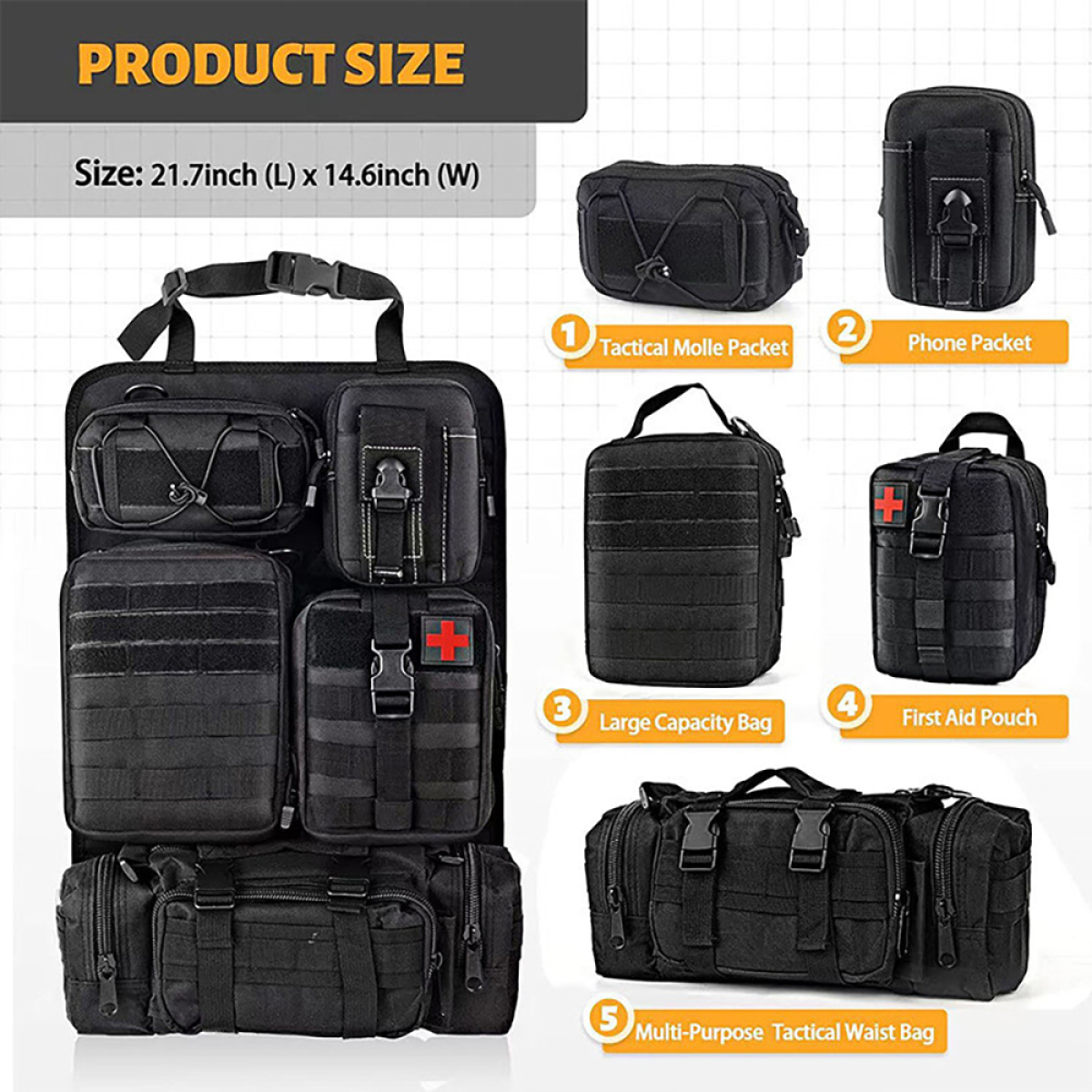 Tactical Molle organizer with first aid pouch, phone pocket, and multi-purpose waist bag for van life gear