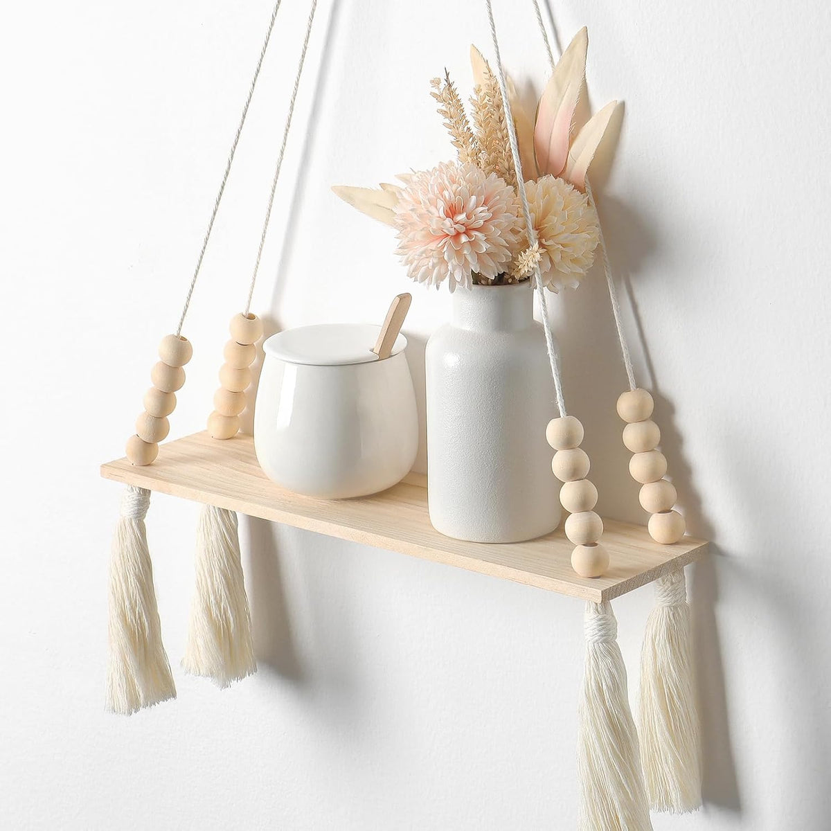 Macrame Hanging Shelves Set of 2 Boho Wood Floating Storage Shelf