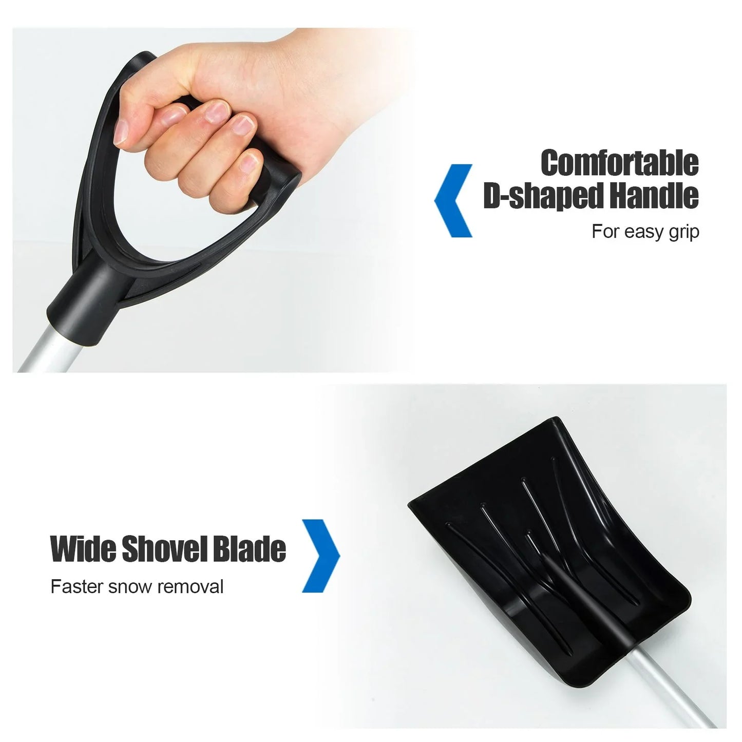 Compact snow shovel with D-shaped grip & wide blade for van life snow removal