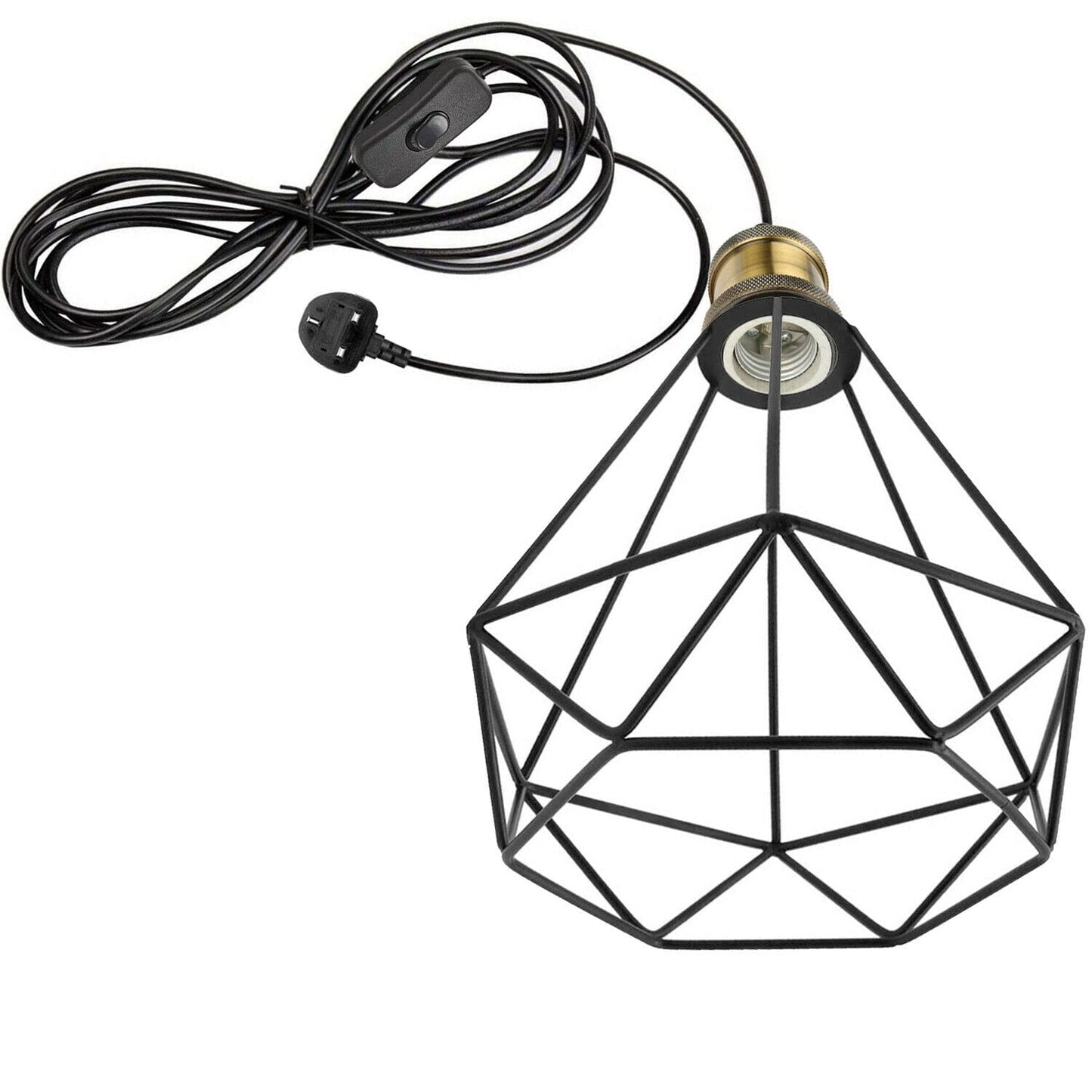 Black geometric wire pendant light with UK plug, ideal for van life and camper van interiors