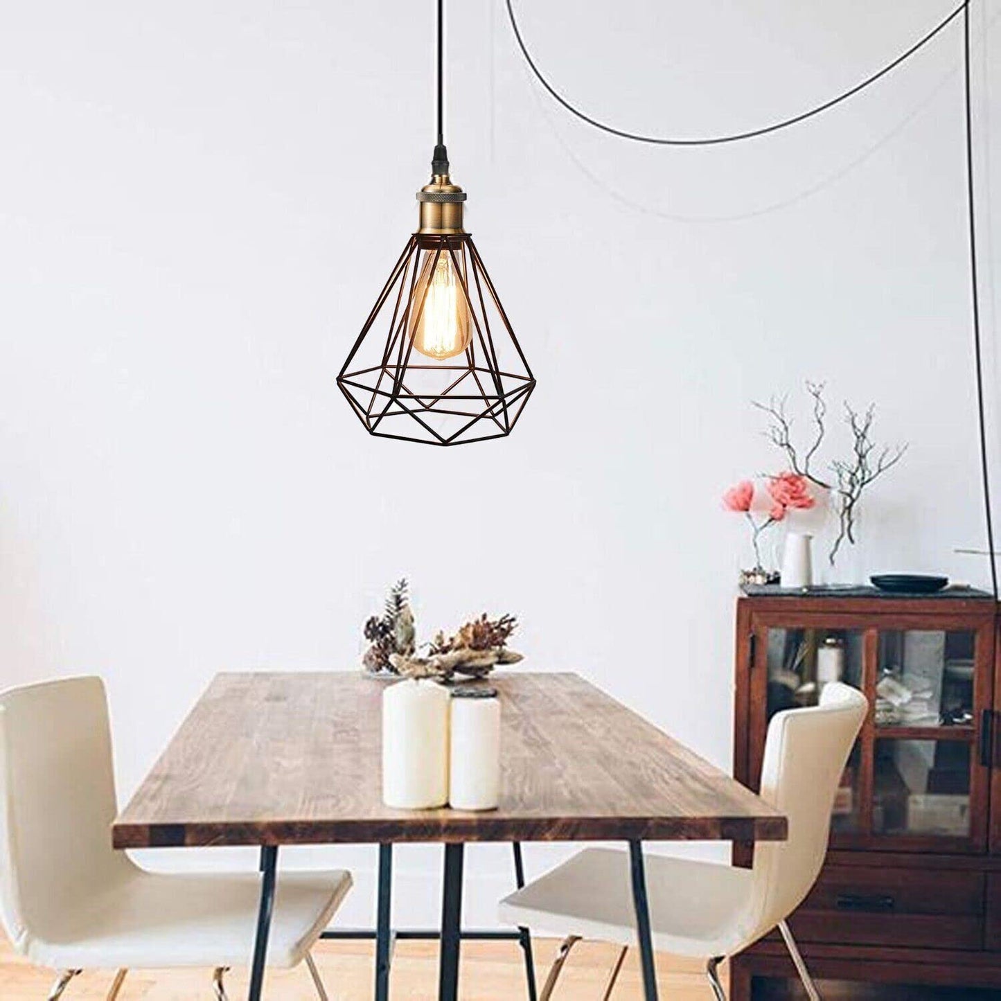 Geometric wire pendant light with Edison bulb, ideal for van life or modern dining spaces