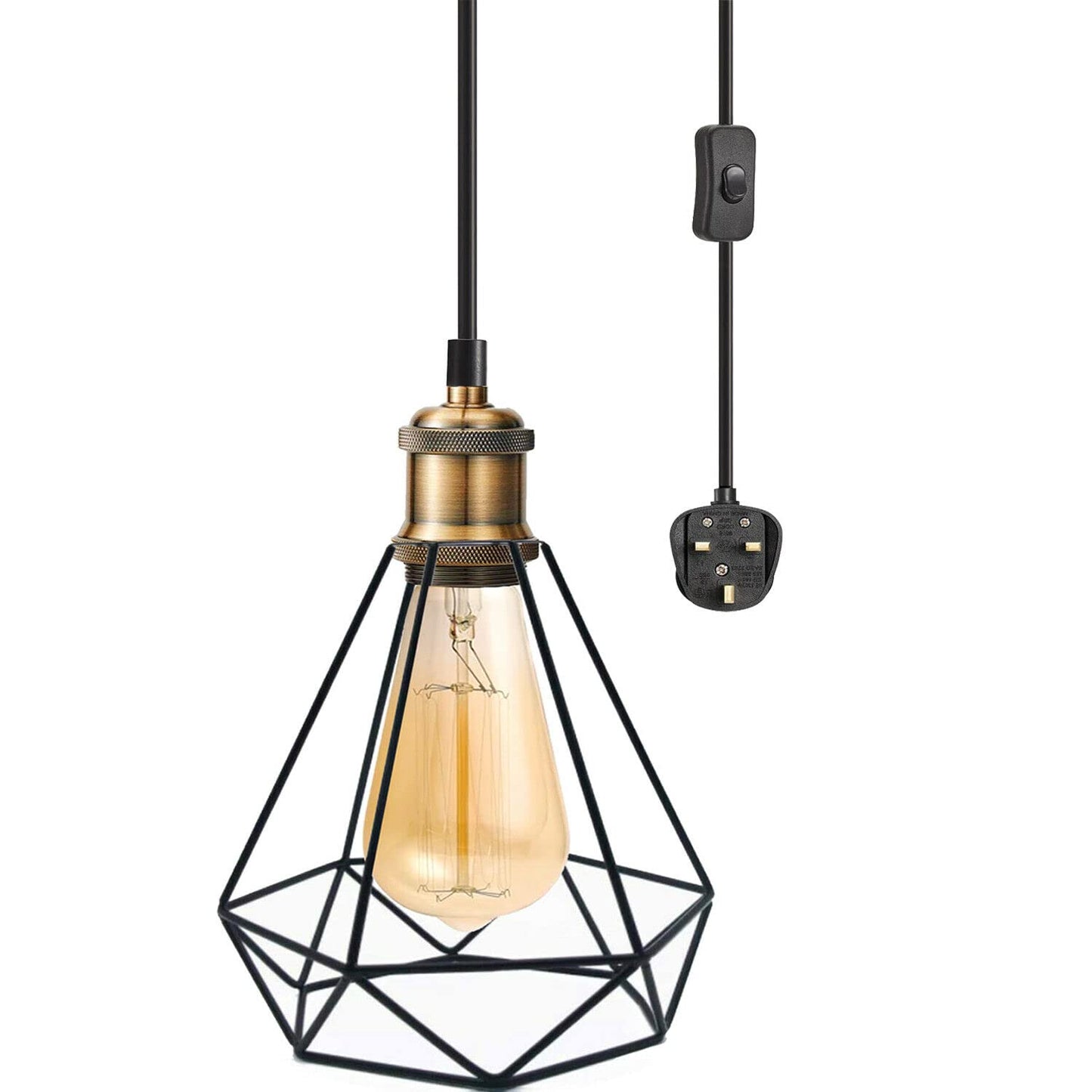 Industrial geometric pendant light with Edison bulb, UK plug, ideal for van life and camper interiors