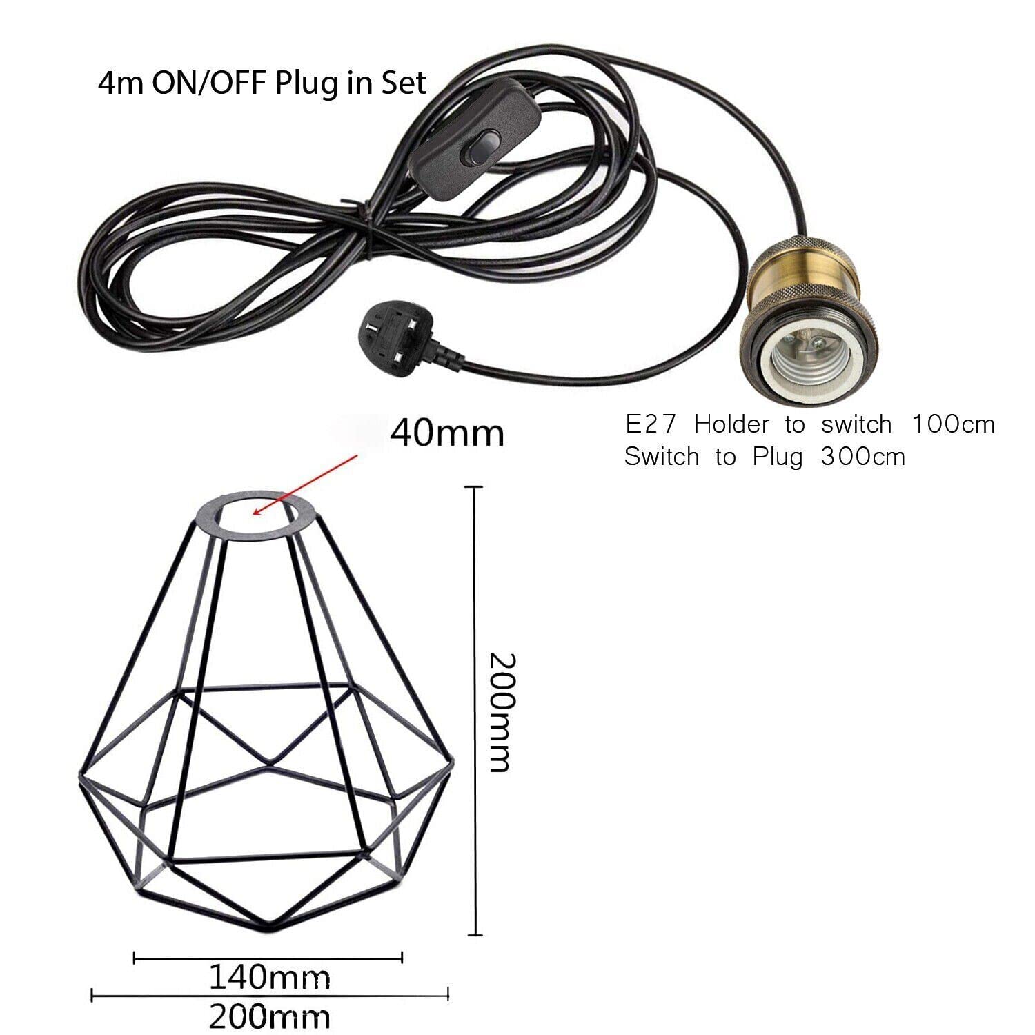 Geometric wire pendant light kit with 4m cord, E27 holder, and on/off switch for van life interiors