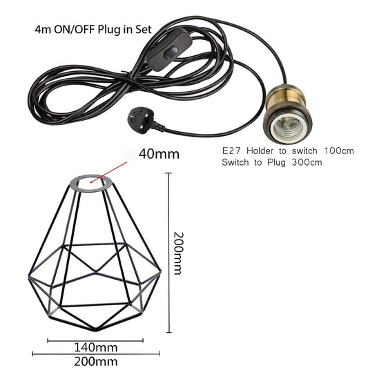 Geometric wire pendant light kit with 4m cord, E27 holder, and on/off switch for van life interiors