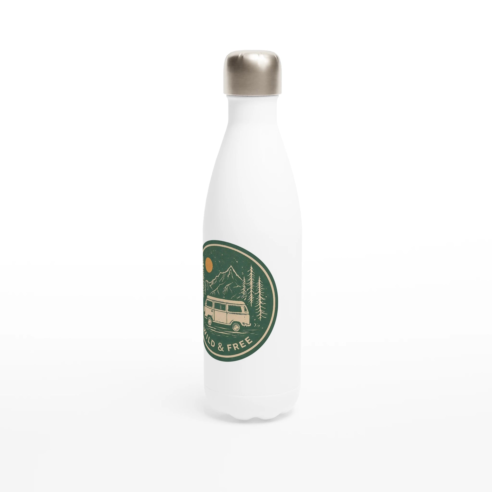 White insulated water bottle with 'Wild & Free' van life design, perfect for outdoor adventures and camper van trips.