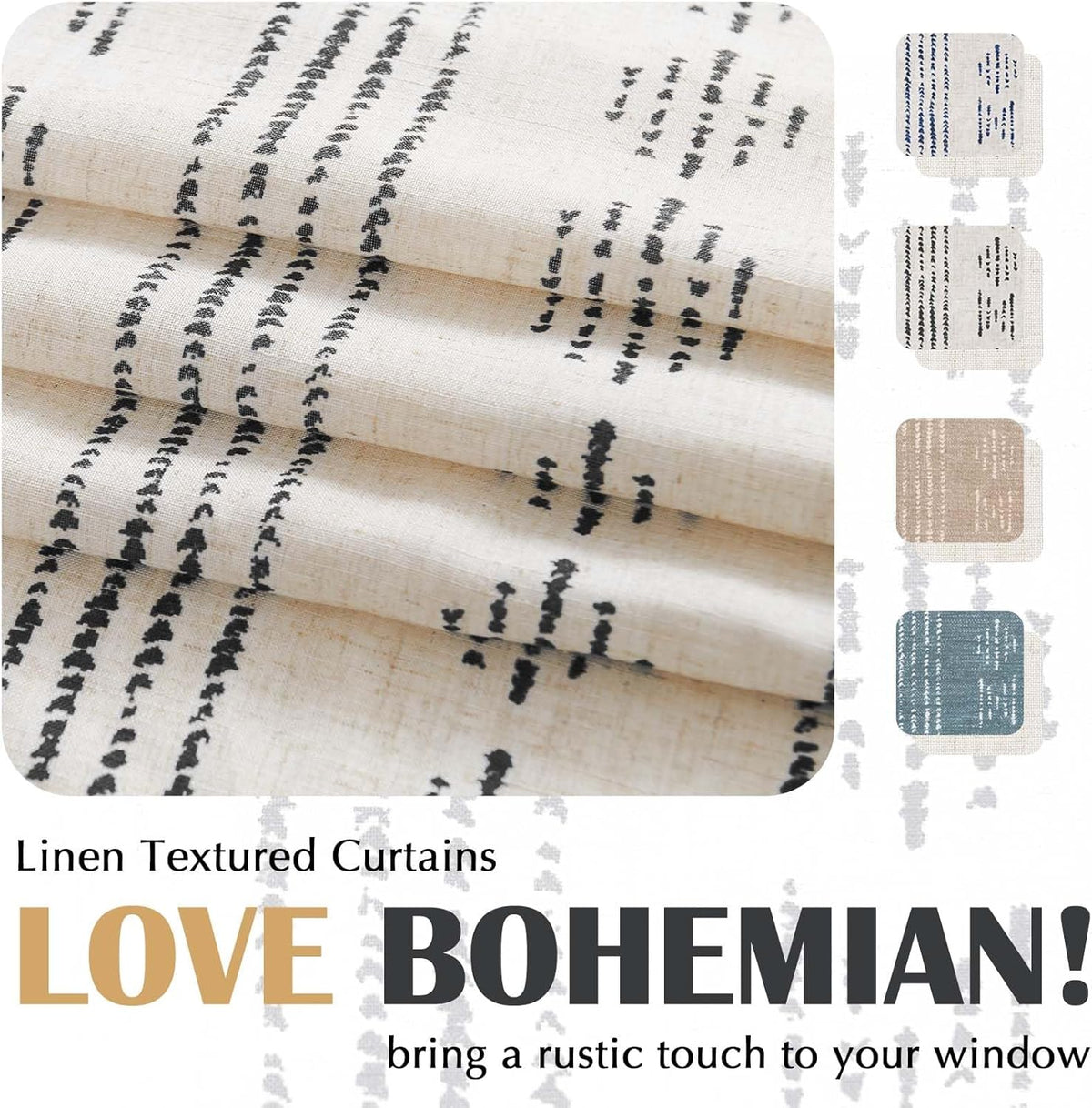 Boho Linen Blend Kitchen Cafe Curtains Black 2 Panels W26 Xl36