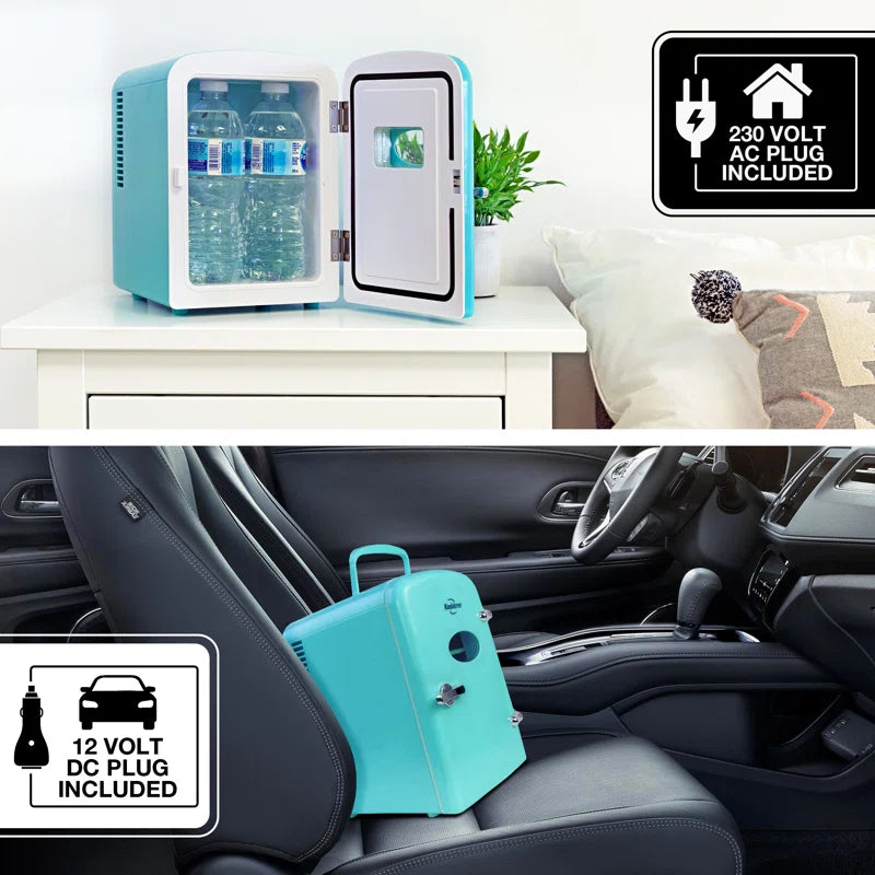 Portable mini fridge for van life, 12V car & 230V home use, holds water bottles, perfect for camper vans and road trips