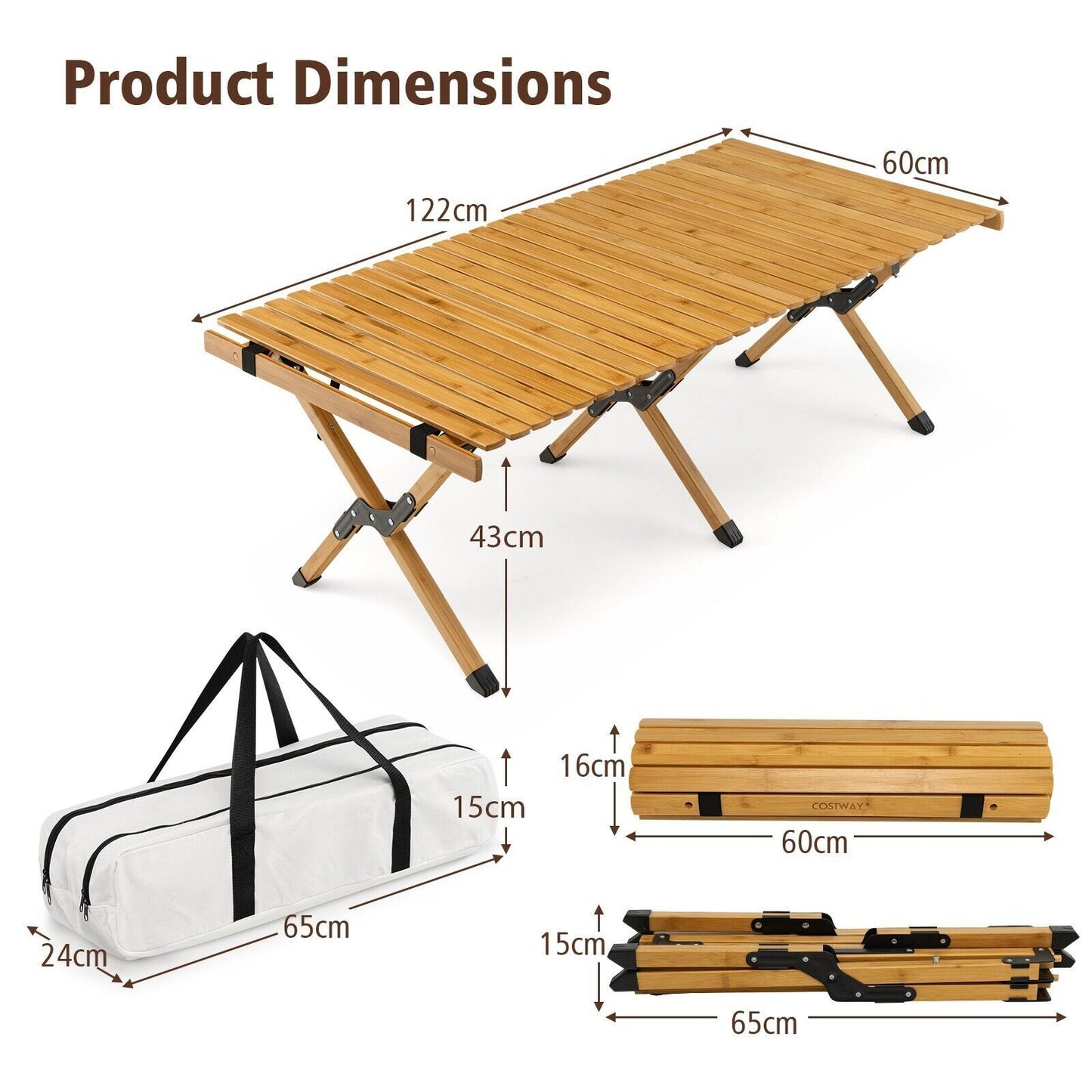 Foldable bamboo camping table with dimensions, portable carry bag for van life and outdoor adventures