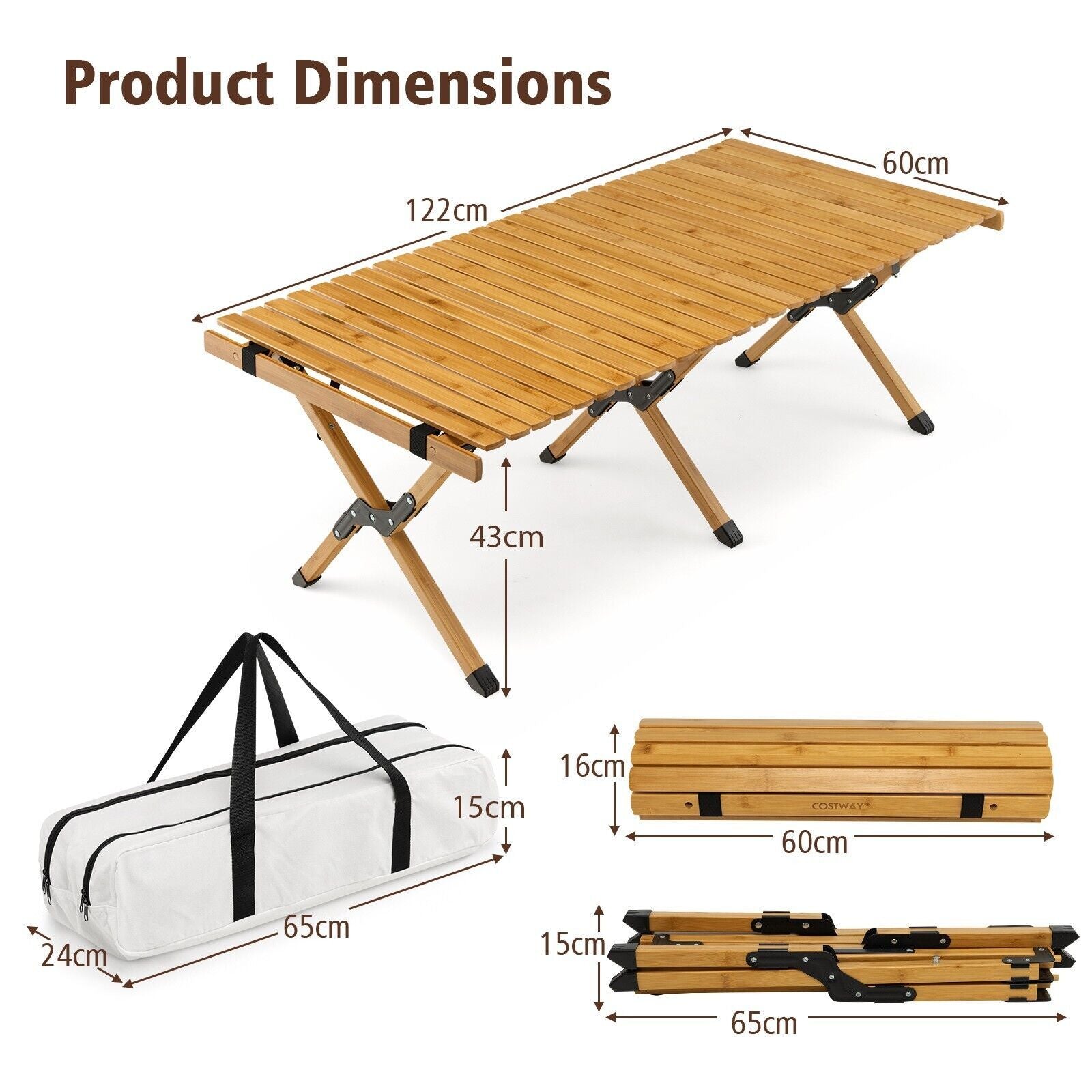 Foldable bamboo camping table with dimensions, portable carry bag for van life and outdoor adventures