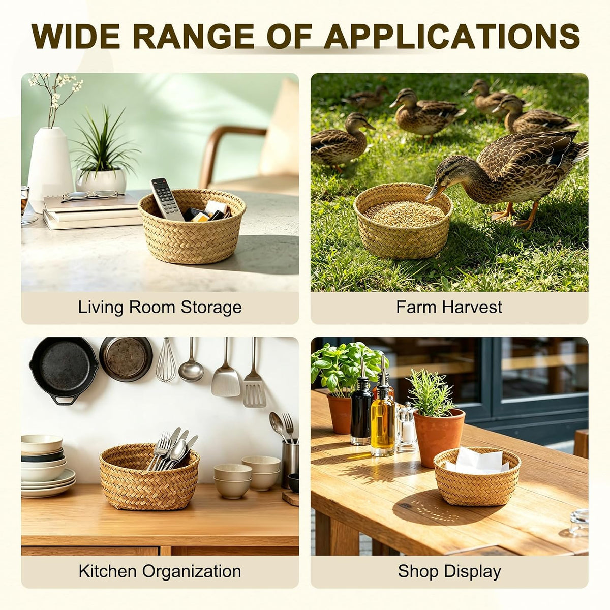 Mini Round Seagrass Baskets – Set of 3 – small storage use examples