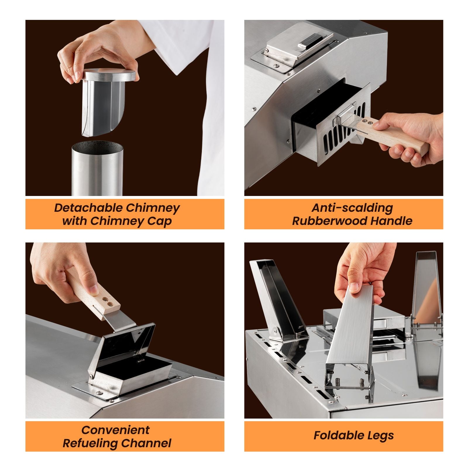 Portable van life stove with detachable chimney, foldable legs, and anti-scalding handle for outdoor cooking