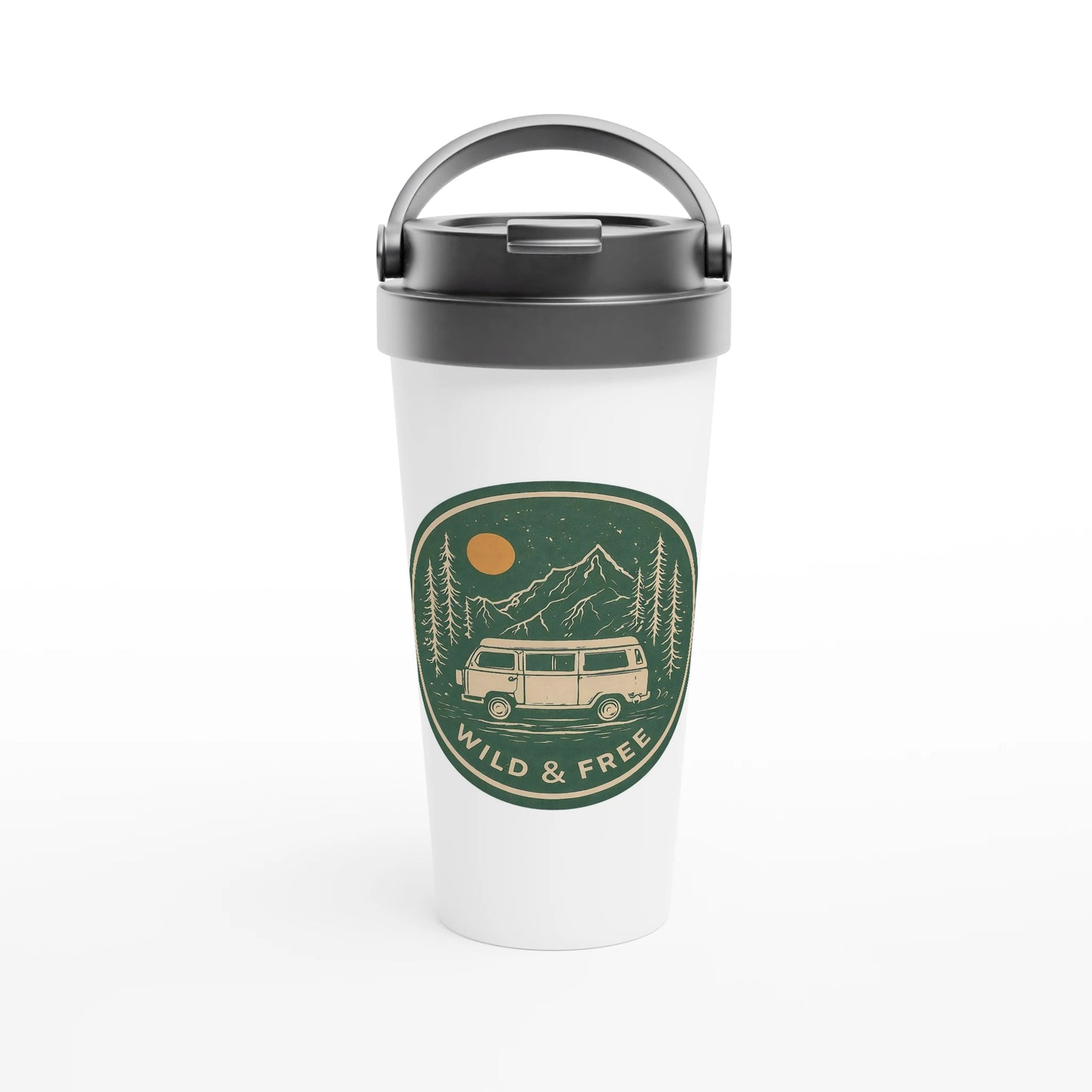 White travel mug with 'Wild & Free' van life design, mountains, trees, and sunset, perfect for campers and adventurers.