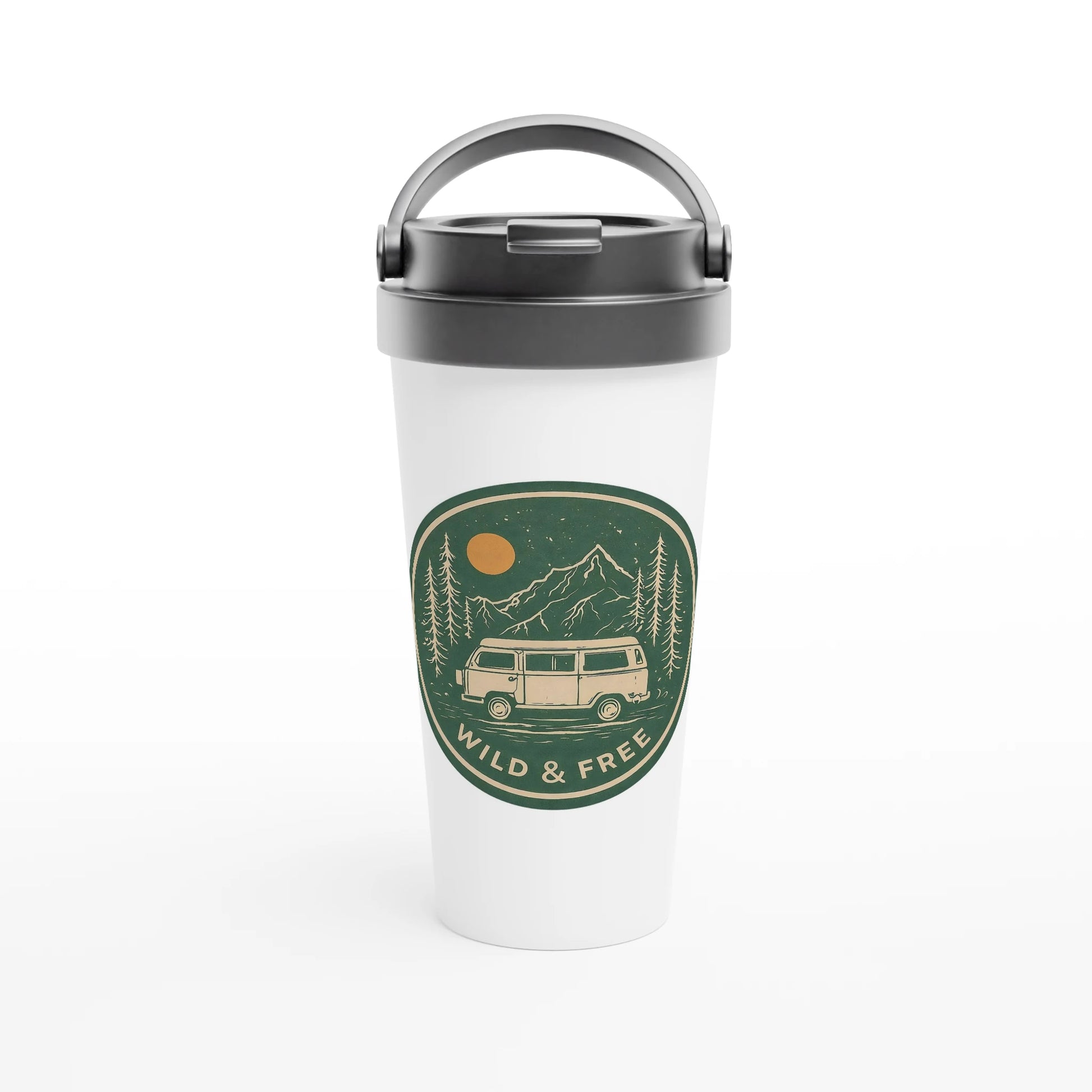 White travel mug with 'Wild & Free' van life design, mountains, trees, and sunset, perfect for campers and adventurers.