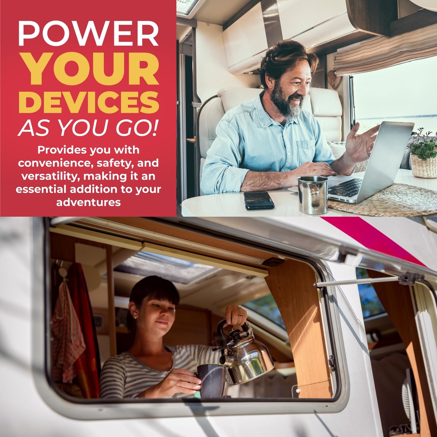 Van life essentials: man using laptop, woman pouring tea in camper van, portable power for devices on adventures