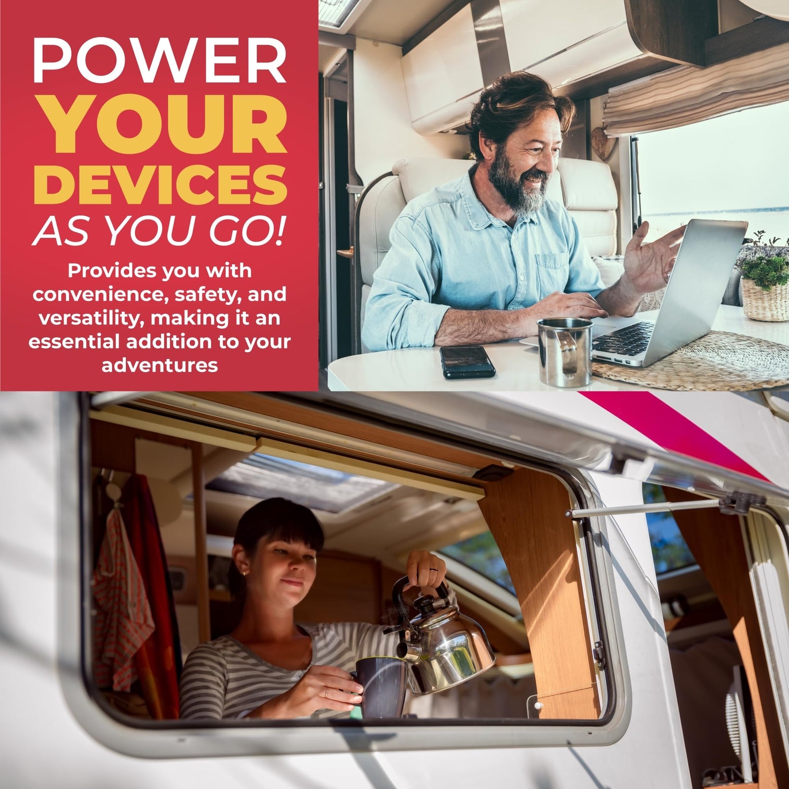 Van life essentials: man using laptop, woman pouring tea in camper van, portable power for devices on adventures