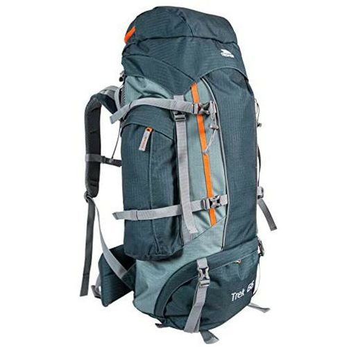 Trek 65L hiking backpack with orange accents, ideal for van life adventures and outdoor exploration
