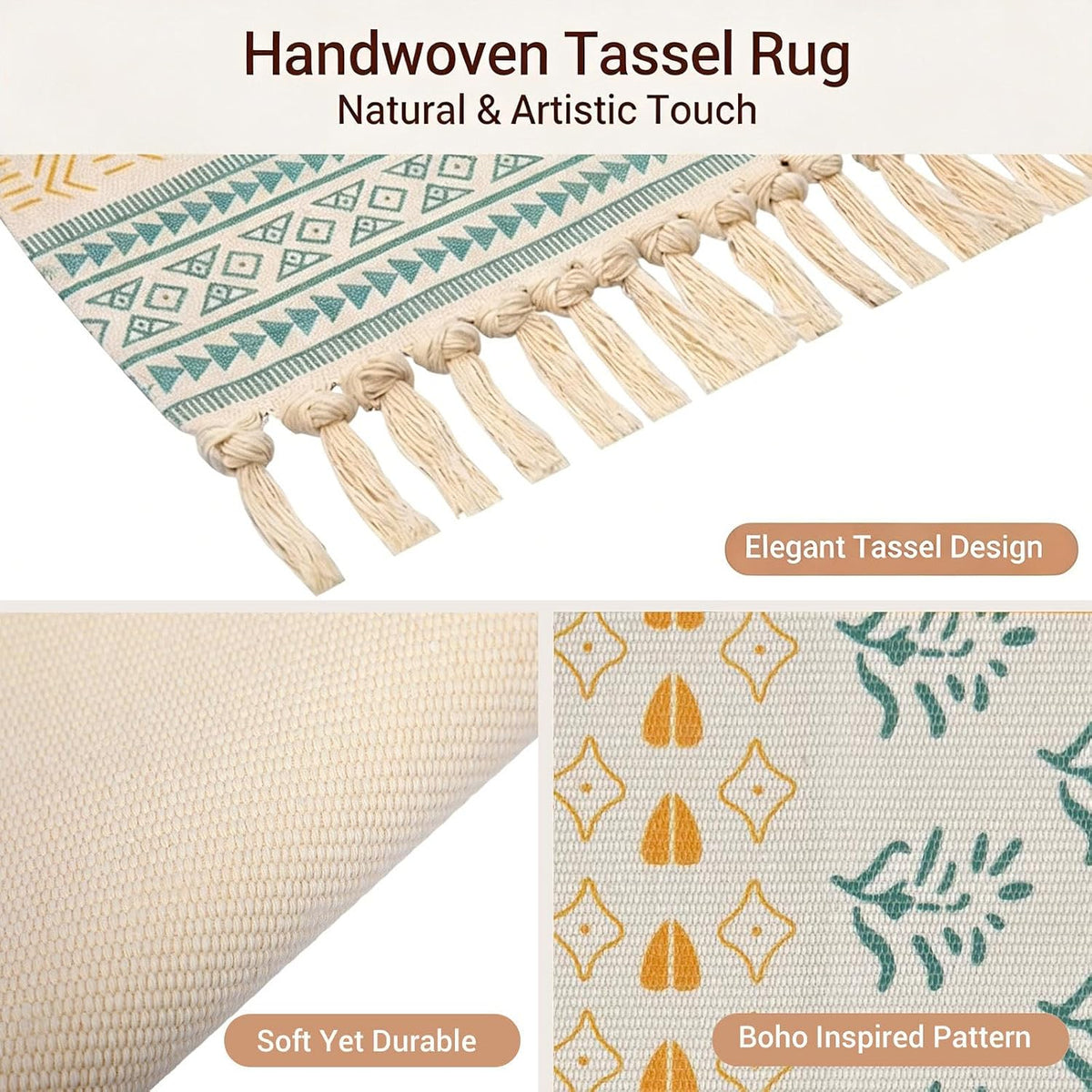 Boho Cotton-Blend Tassel Rug – 58 × 88cm – tassel and printed pattern detail