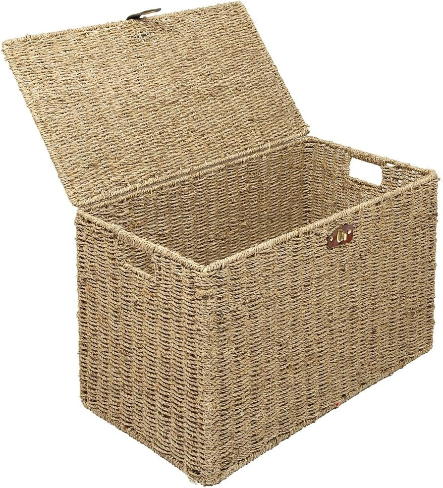 Seagrass Lidded Storage Trunk – Medium – open trunk and inset handles