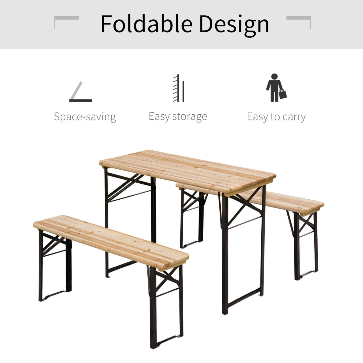 Foldable wooden picnic table with benches, space-saving design for van life and outdoor adventures