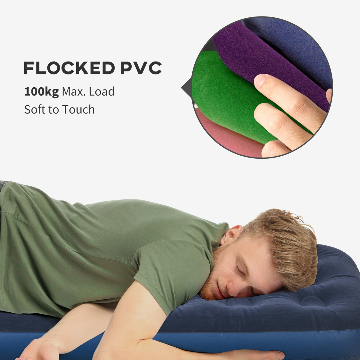 Man sleeping on flocked PVC inflatable mattress, soft touch, 100kg max load, ideal for van life camping