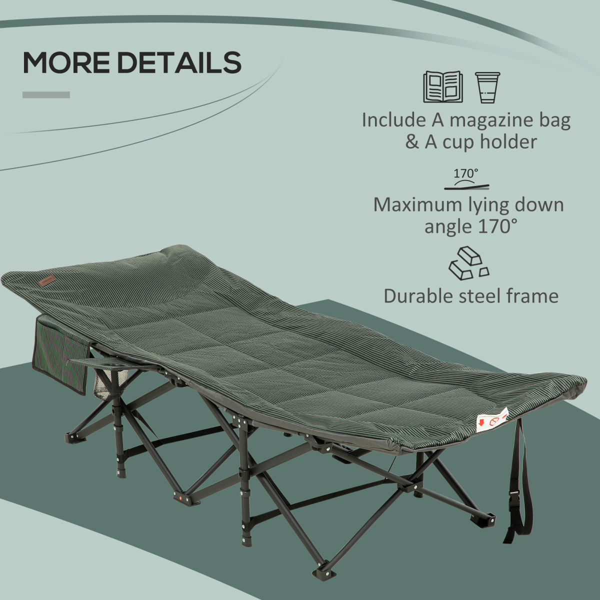 Portable camping cot with magazine bag, cup holder, 170° recline, durable steel frame for van life adventures