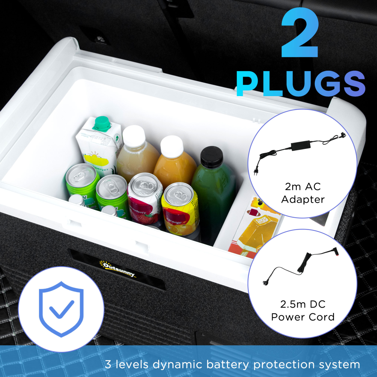 Portable van fridge with 2 plugs, AC adapter & DC power cord, perfect for van life adventures
