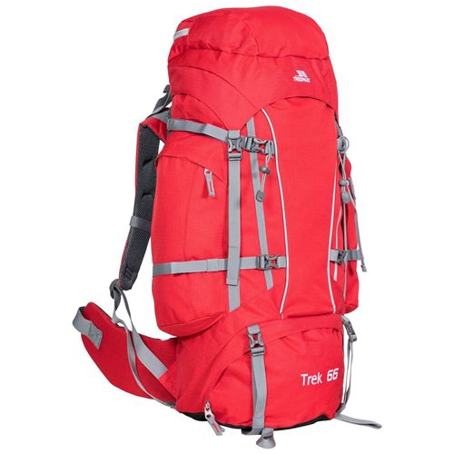 Red Trek 66 hiking backpack with gray straps, ideal for van life adventures and outdoor travel gear