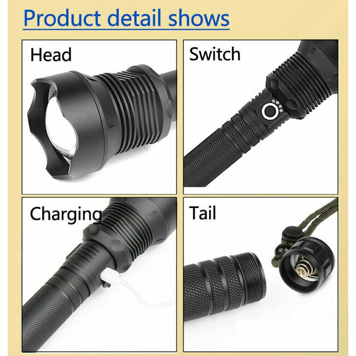 Rechargeable tactical flashlight with zoom head, side switch, USB charging, and magnetic tail cap for van life adventures