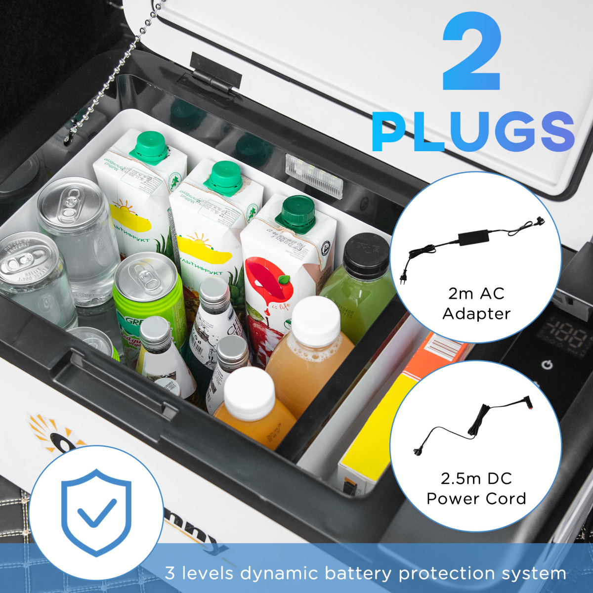 Portable van fridge with 2 plugs, AC adapter, DC power cord, and battery protection for campervan adventures