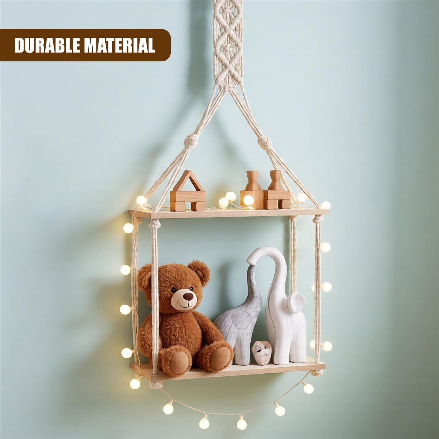 2 Tier Rope Hanging Shelf Wooden Boho Bedroom Decor Plant Display Storage Rack