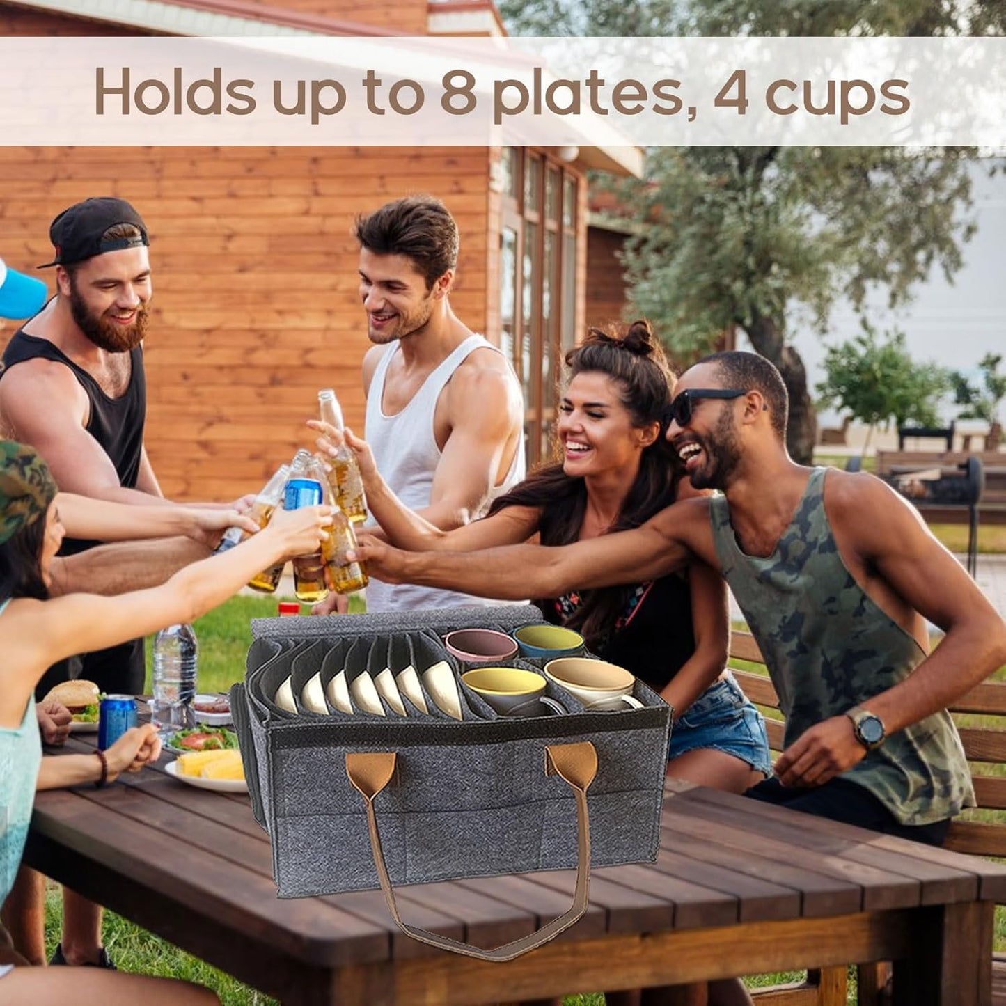 Portable dish organizer for van life, holds 8 plates & 4 cups, perfect for outdoor picnics and camping adventures