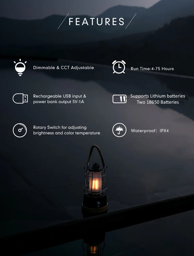 Dimmable waterproof camping lantern with USB recharge, IPX4 rated, perfect for van life adventures
