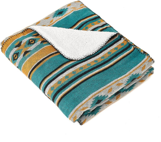 Aztec Patterned Soft Sherpa Throw Blanket Southwestern Navajo Tribal Style Warm Throw for Camping, Outdoor, Lightweight Boho Blanket for Couch, Bed, 152X203Cm, Teal