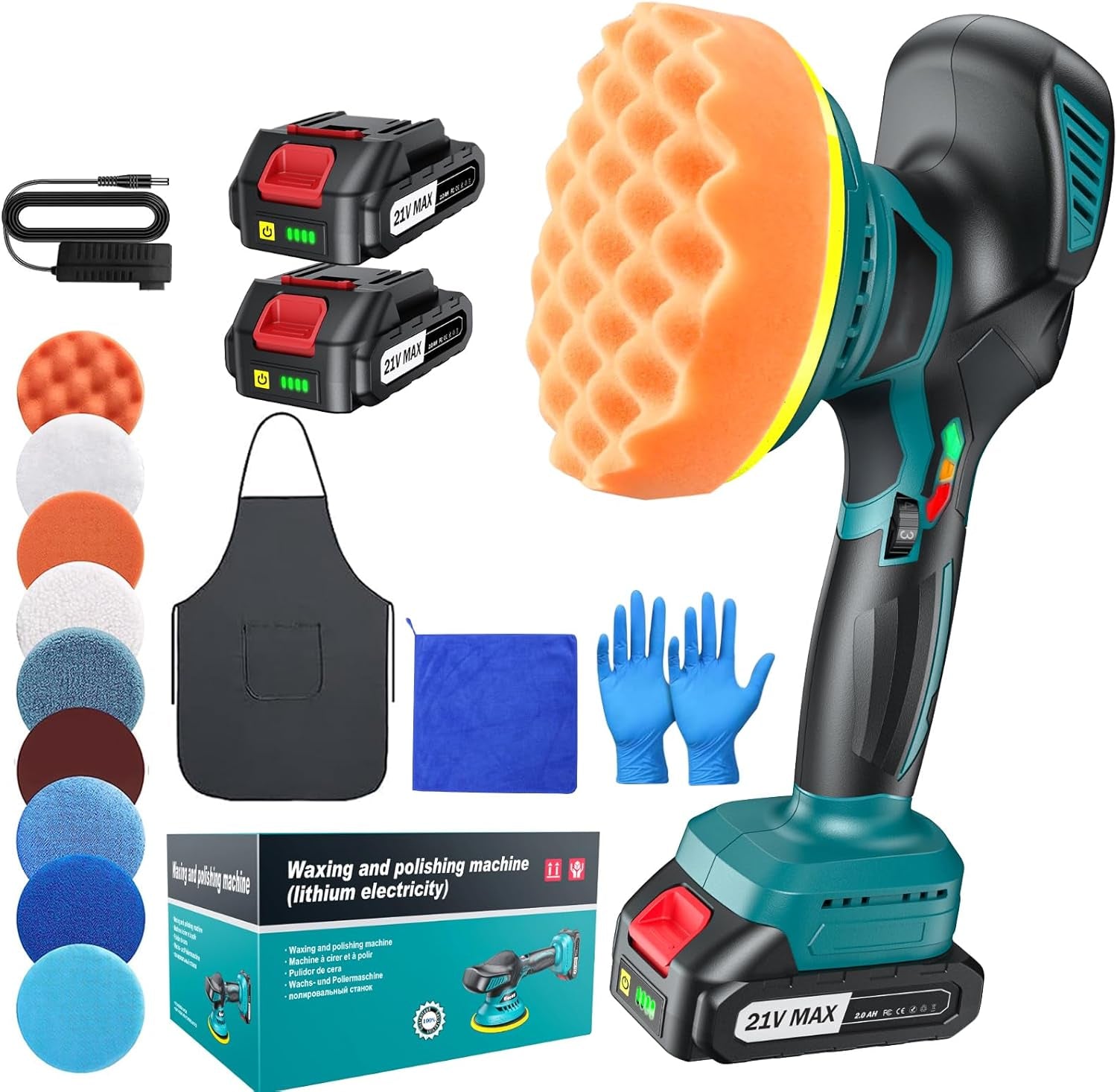 21V MAX cordless waxing and polishing machine with foam pads, batteries, apron, gloves, and microfiber cloth for van exterior care