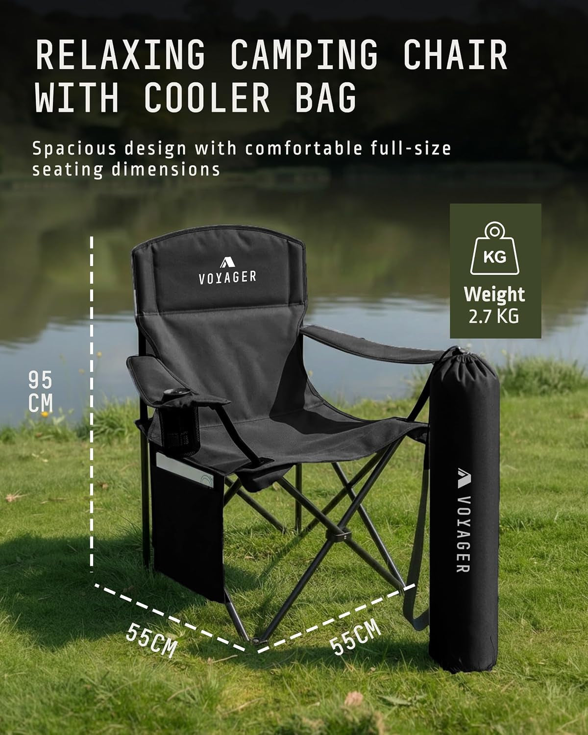 Folding Camping Chair 2-Pack, Lightweight with Pocket and Drinks Holder, Holds up to 120Kg Each, Easy to Transport, Foldable Outdoor Chair Set -Black