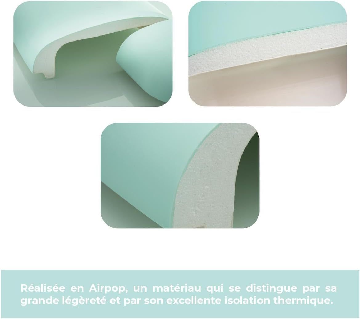 Three close-up images of a curved pale green panel showing a white interior core, arranged above a pale green caption box containing French text.