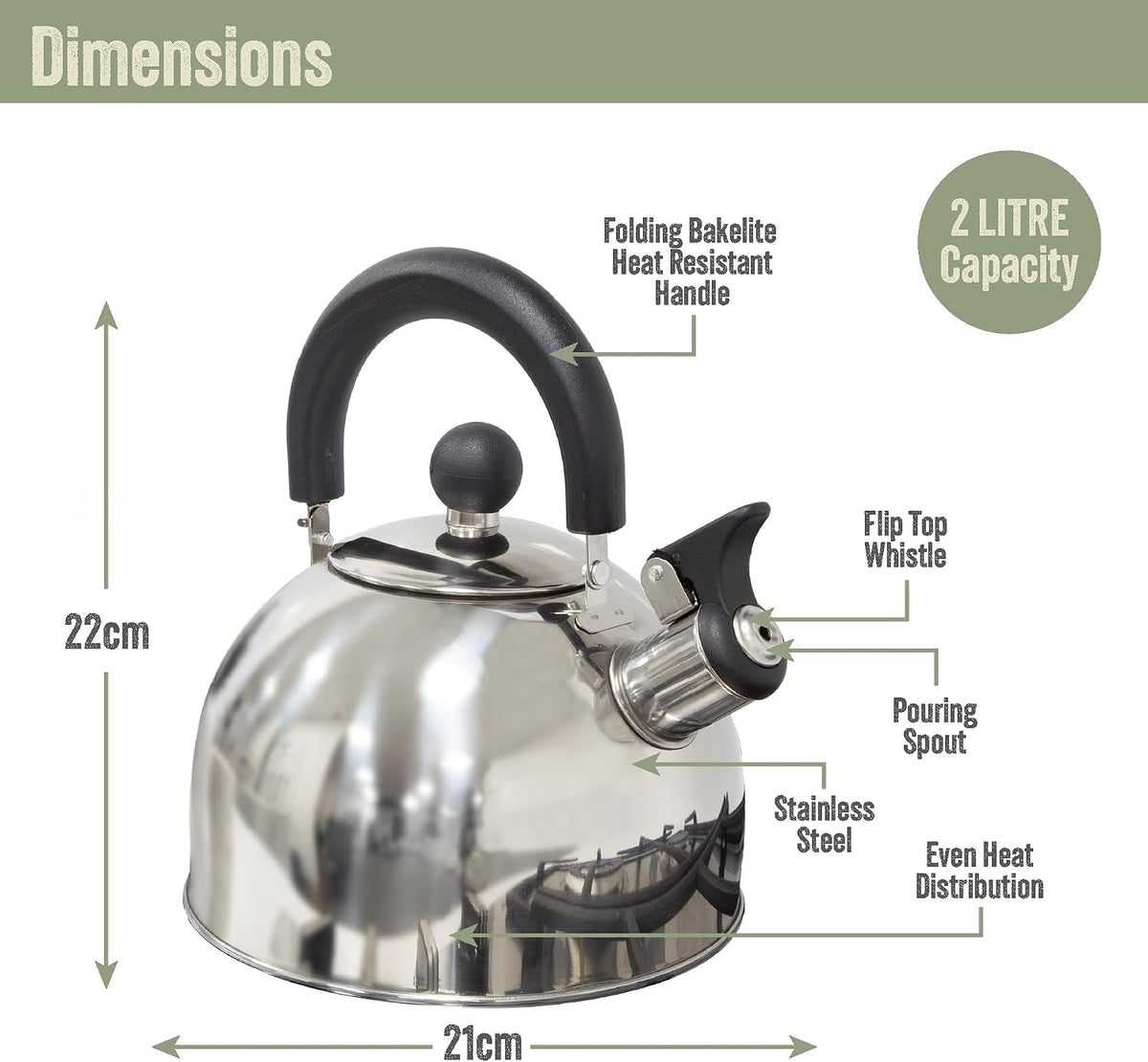 2L Stainless Steel Whistling Camping Kettle – kettle dimensions and parts