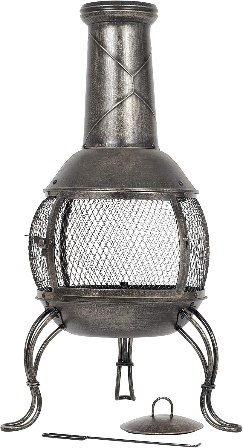 La Hacienda Leon Steel Chiminea – Bronze Effect – bronze-effect chiminea and accessories on white