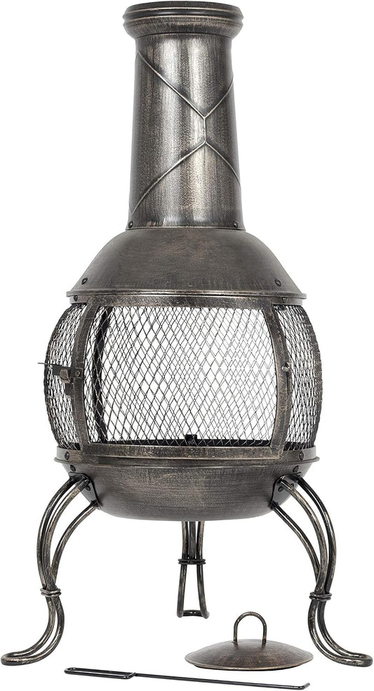 La Hacienda Leon Steel Chiminea – Bronze Effect – bronze-effect chiminea and accessories on white