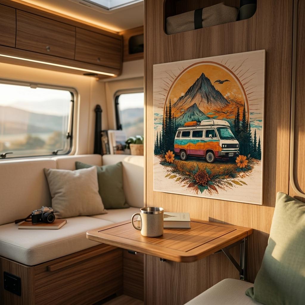 Van life wall art with camper van, mountains, and sunset for camper van interior decor