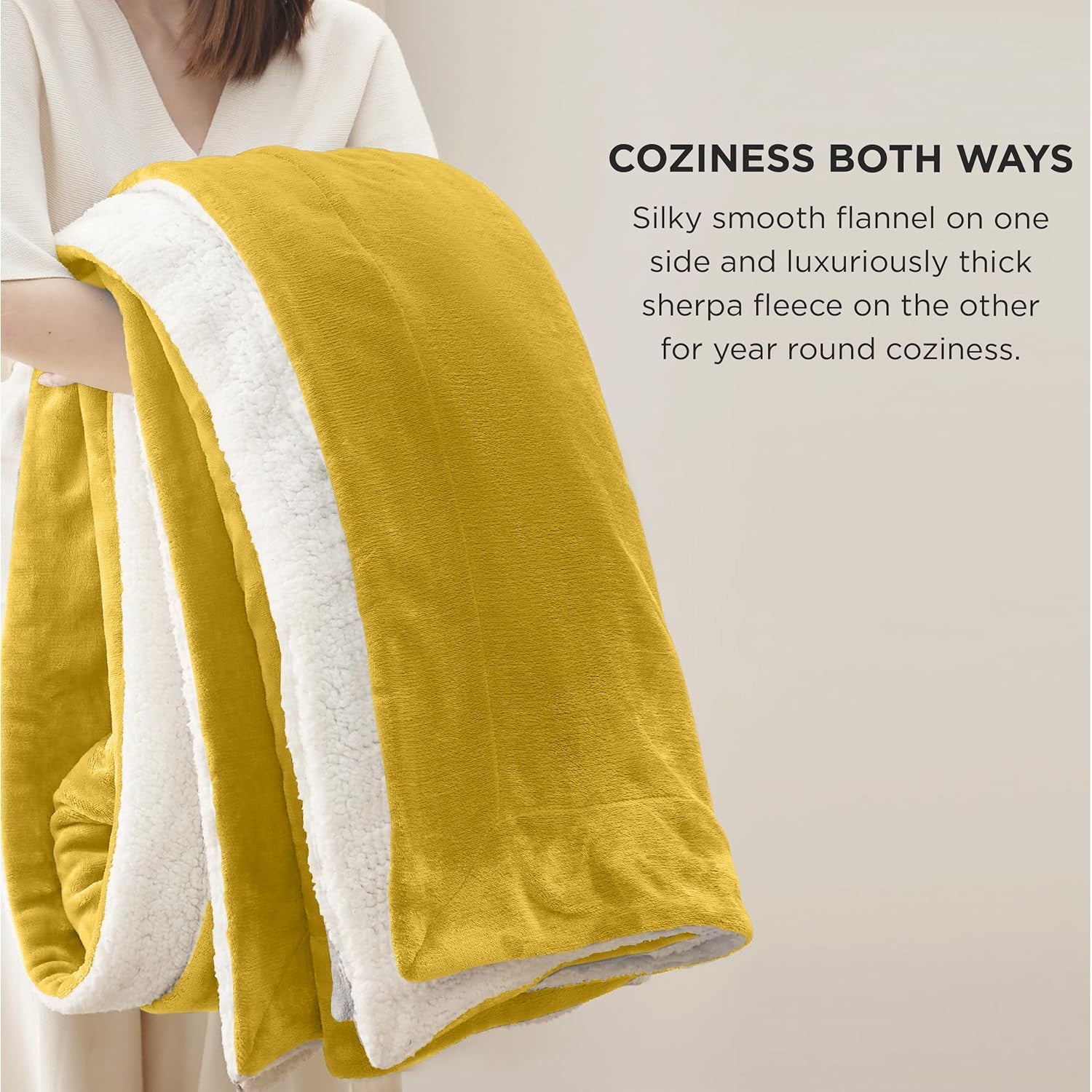 Mustard yellow and white reversible cozy blanket, perfect for van life comfort and outdoor adventures.