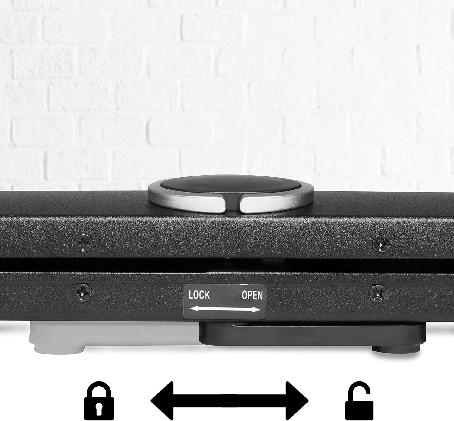 Lock and open toggle switch on black van life storage drawer with secure locking mechanism