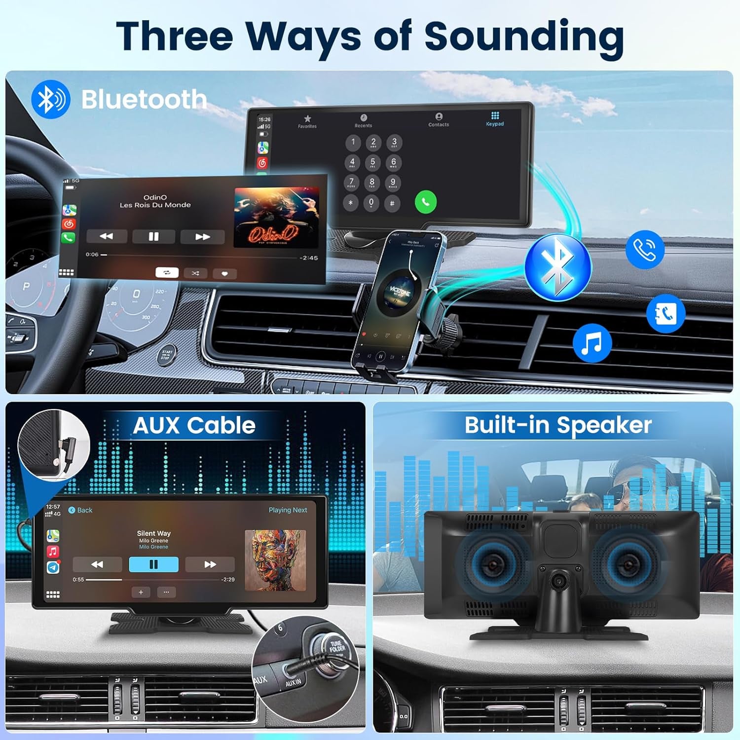 Van life car stereo with Bluetooth, AUX cable & built-in speakers for music and calls
