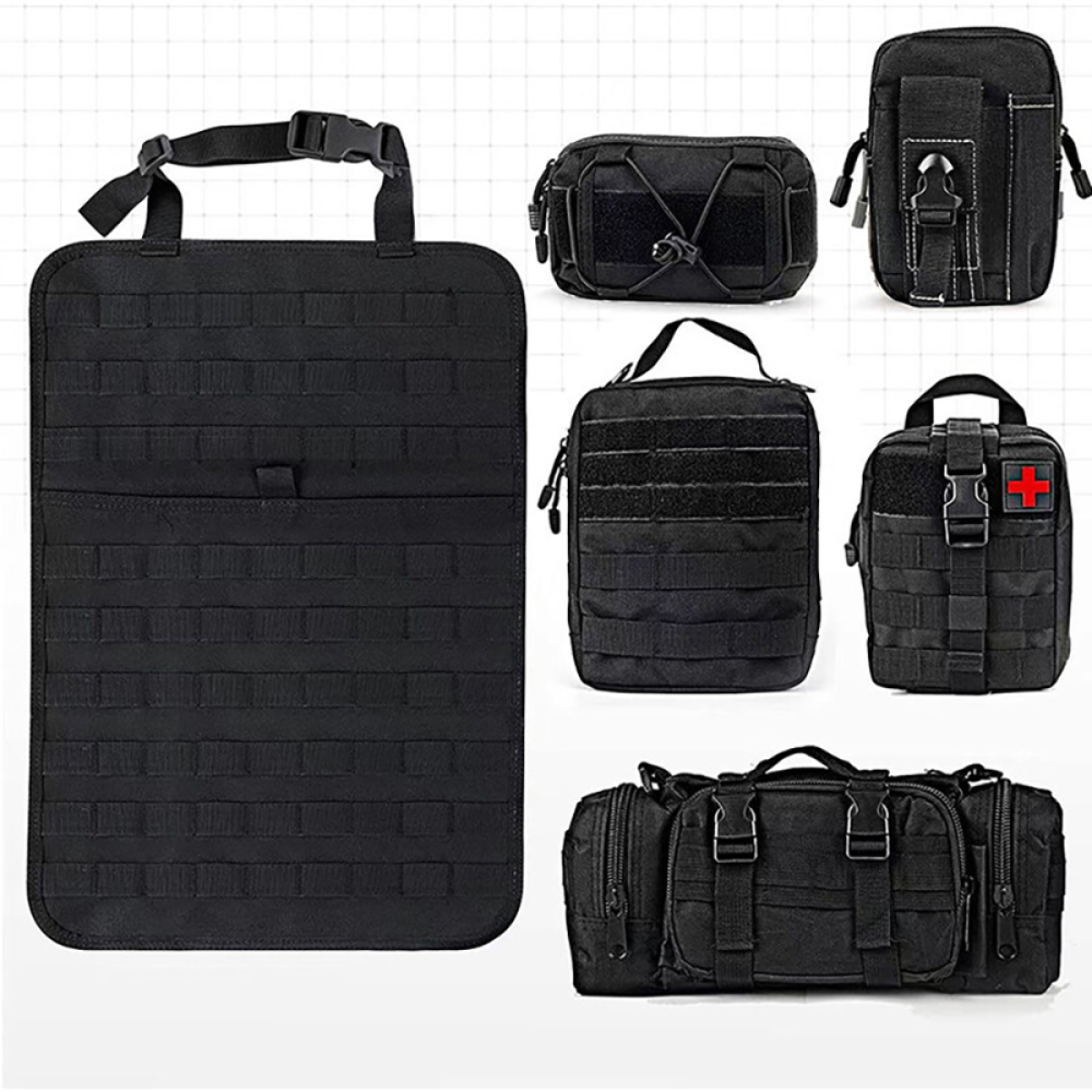 Black tactical MOLLE organizer set for van life, camping, and outdoor adventures with medical pouch
