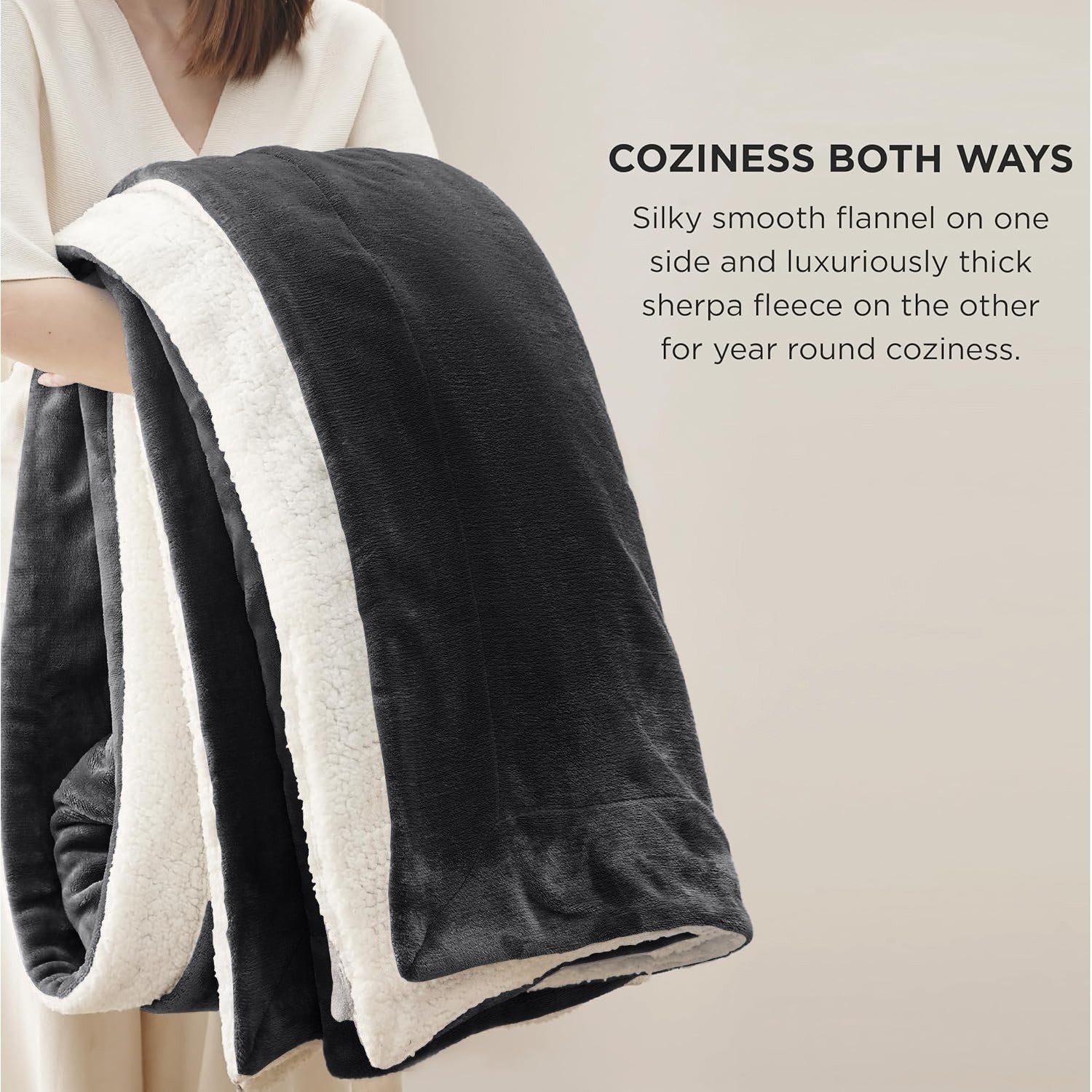 Cozy reversible van life blanket: soft flannel one side, plush sherpa fleece other for year-round comfort